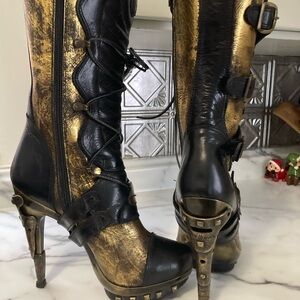New Rock Gold and Black Leather Women's Boots